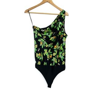 CAMI NYC Medium Darby 100% Silk Bodysuit Kiwi Floral One-Shoulder Black Green